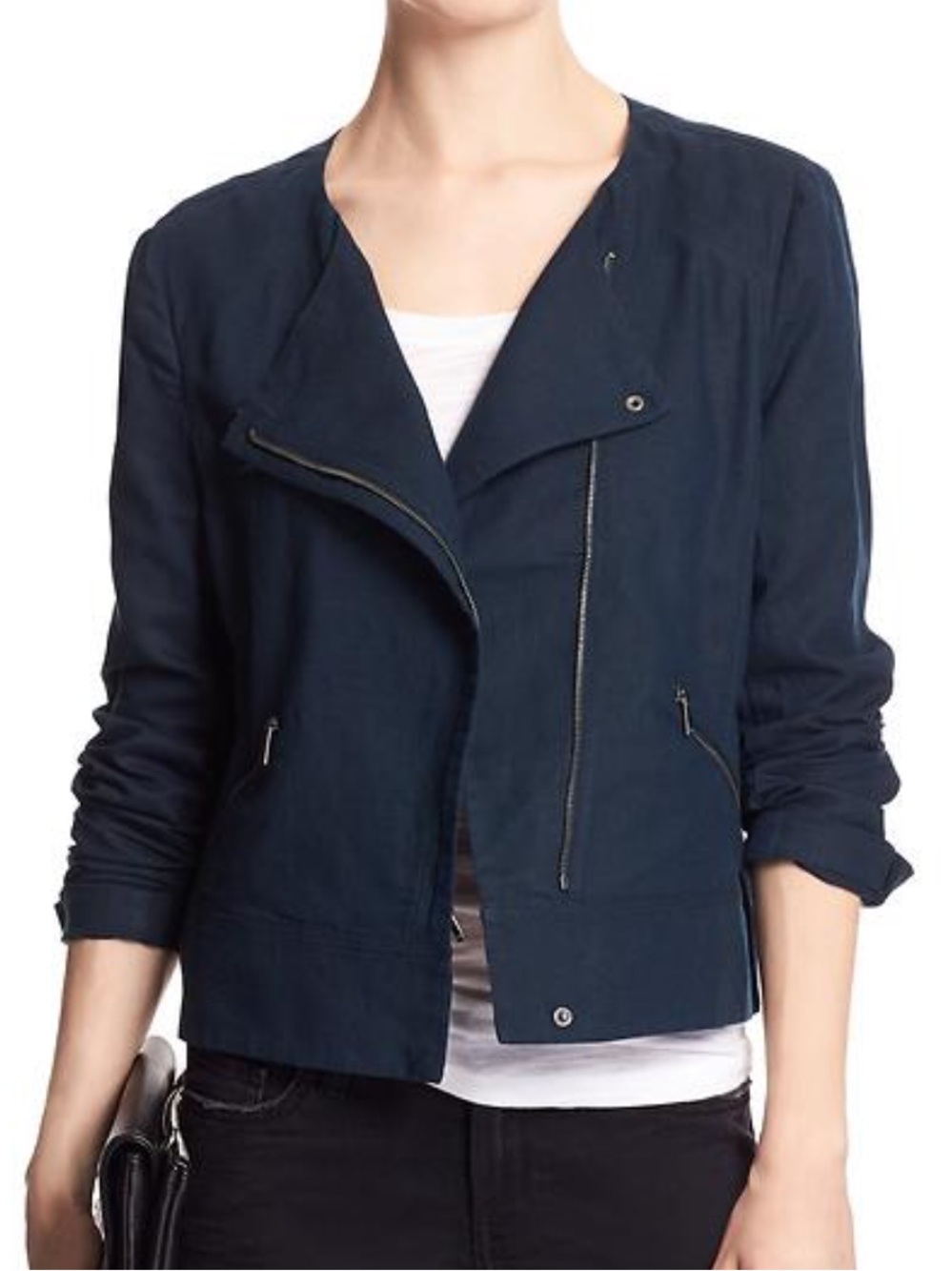 Banana Republic Factory Linen-cotton Blend Moto Jacket in a dark blue Size Small - Picture 2 of 11